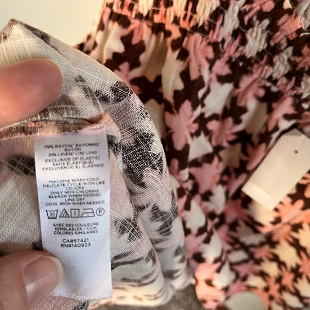 Loft Pink‎ Brown Geometric Ikat Print Tie Strap Cami Top Linen Blend NWT Medium